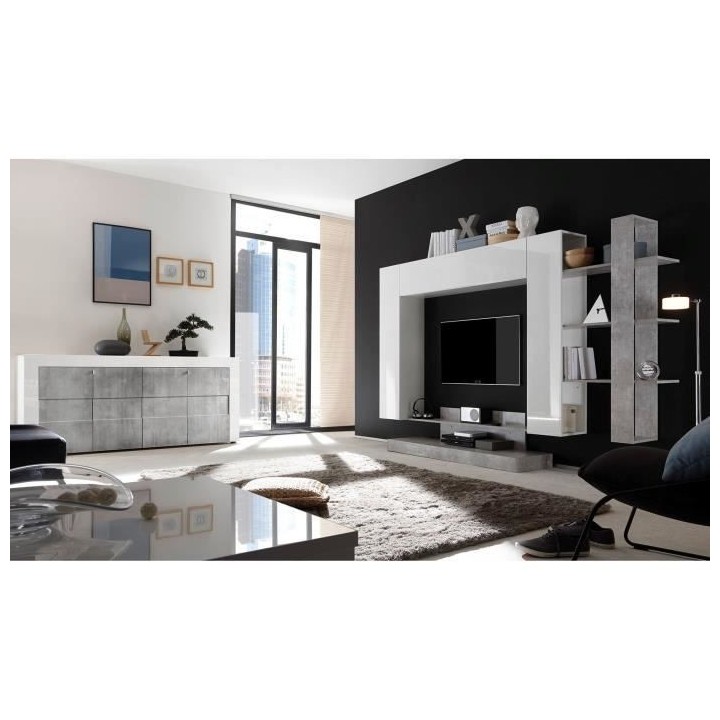 Buffet - Blanc laqué brillant et effet Béton mat - Style contemporai