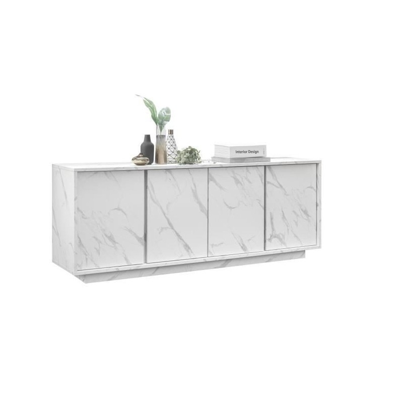 Buffet - Marbre blanc - Style chic - 4 portes - MARMO - L 180 x P 43 x H 70 cm