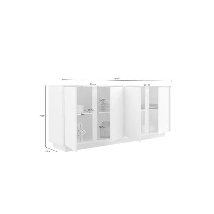 Buffet 4 Portes - Blanc Laqué Brillant - L 180 x P 43 x H 78 cm - RIC