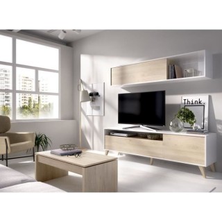 BONN Meuble TV avec étagére murale - Décor chene et blanc - L 180 x