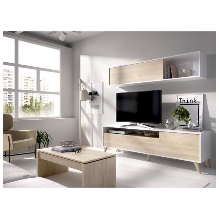 BONN Meuble TV avec étagére murale - Décor chene et blanc - L 180 x
