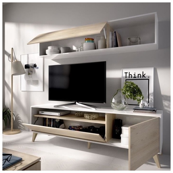BONN Meuble TV avec étagére murale - Décor chene et blanc - L 180 x