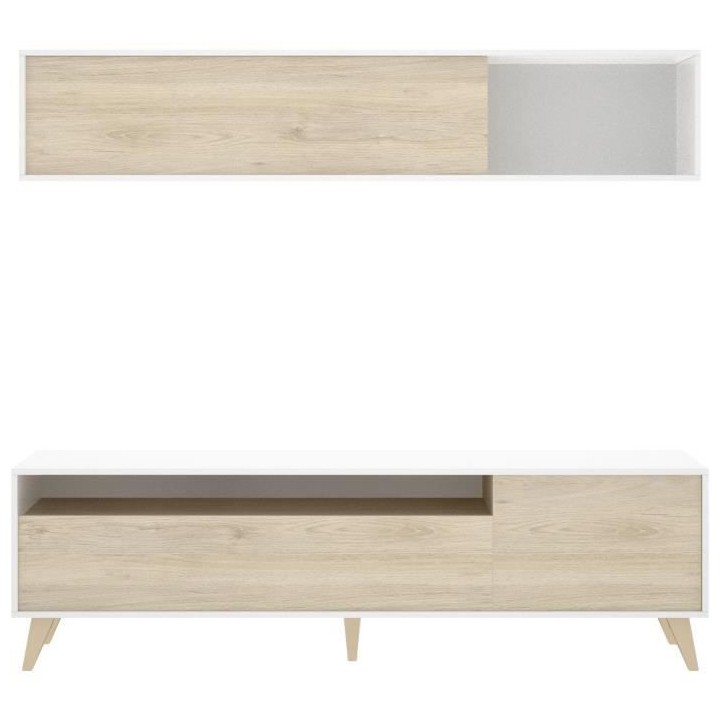 BONN Meuble TV avec étagére murale - Décor chene et blanc - L 180 x