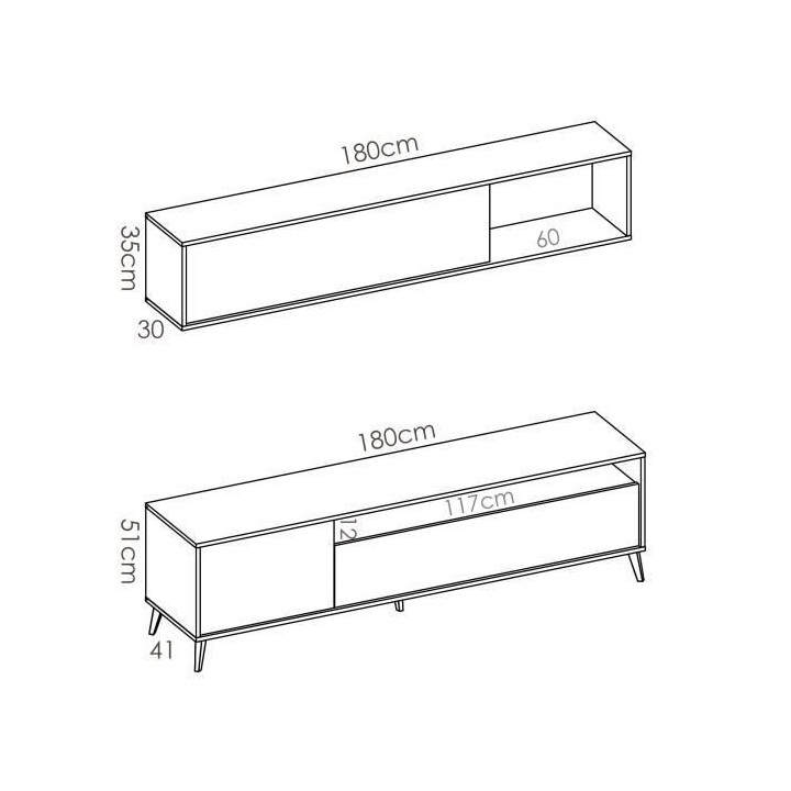 BONN Meuble TV avec étagére murale - Décor chene et blanc - L 180 x