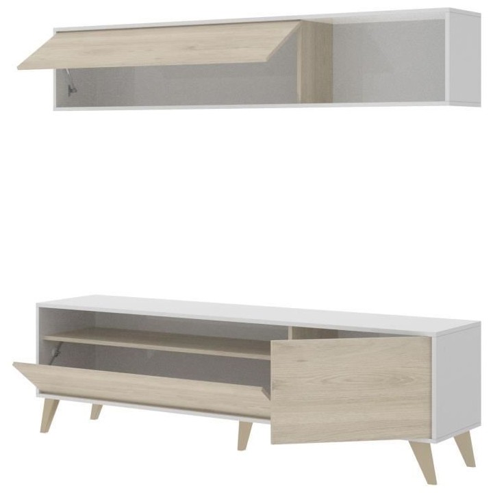 BONN Meuble TV avec étagére murale - Décor chene et blanc - L 180 x