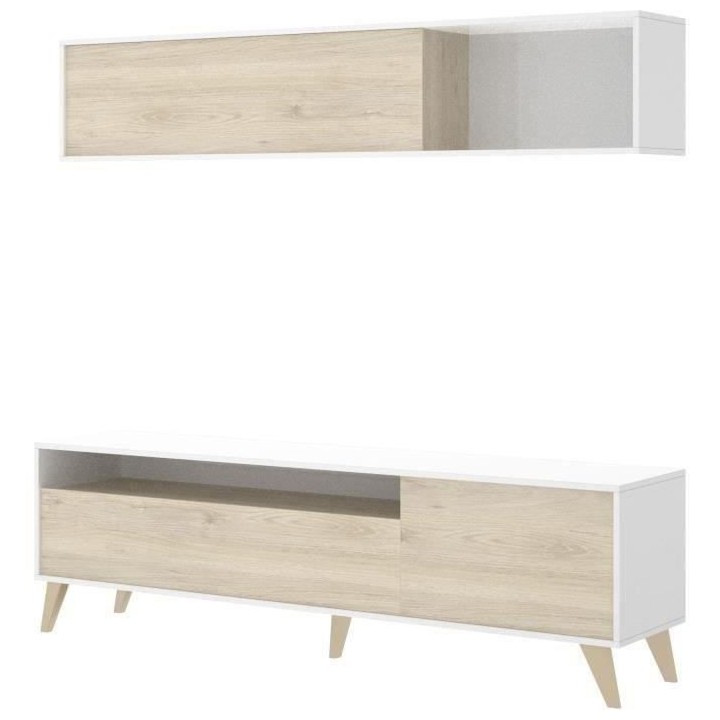 BONN Meuble TV avec étagére murale - Décor chene et blanc - L 180 x