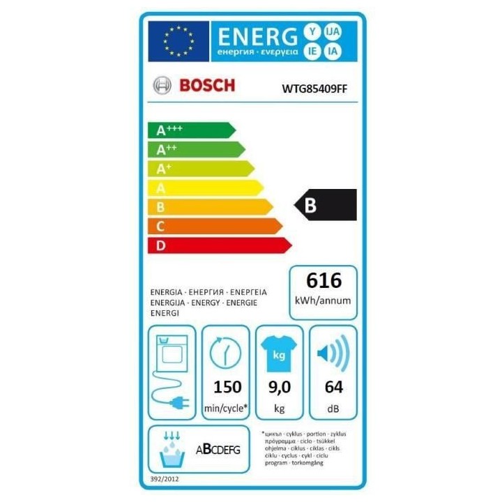 Seche-linge a condensation BOSCH WTG85409FF SER6 - 9 kg - L59,8cm - Cl