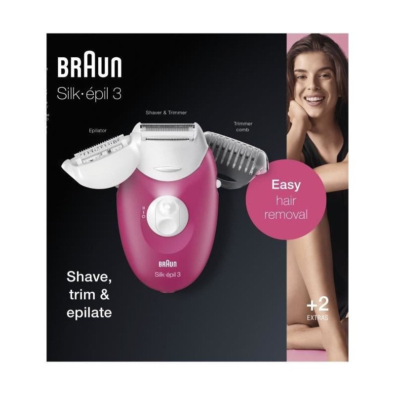 Braun Silk-épil 3 Épilateur Électrique Femme Rose Framboise, 3 Accessoires incluant un rasoir, une tondeuse zones sensible,