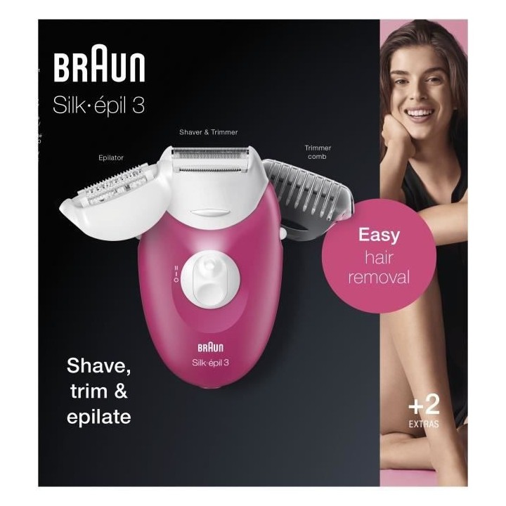Braun Silk-épil 3 Épilateur Électrique Femme Rose Framboise, 3 Acc