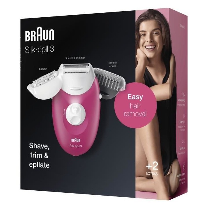 Braun Silk-épil 3 Épilateur Électrique Femme Rose Framboise, 3 Acc