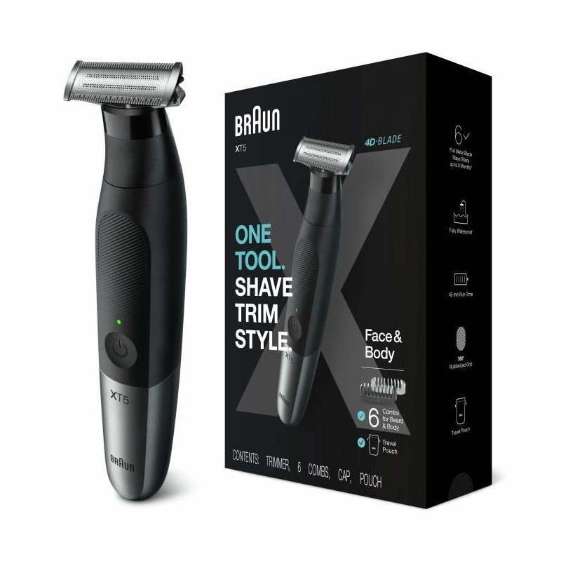 Braun Series XT5 Rasoir Électrique et Tondeuse Hybride Homme, pour visage+corps, Lame Durable et Pochette De Voyage Noir, XT520