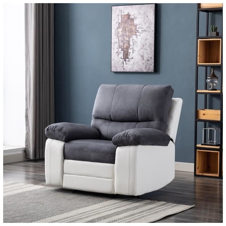 Fauteuil Relax manuel - Tissu gris et Simili blanc - L 109 x P 94/158