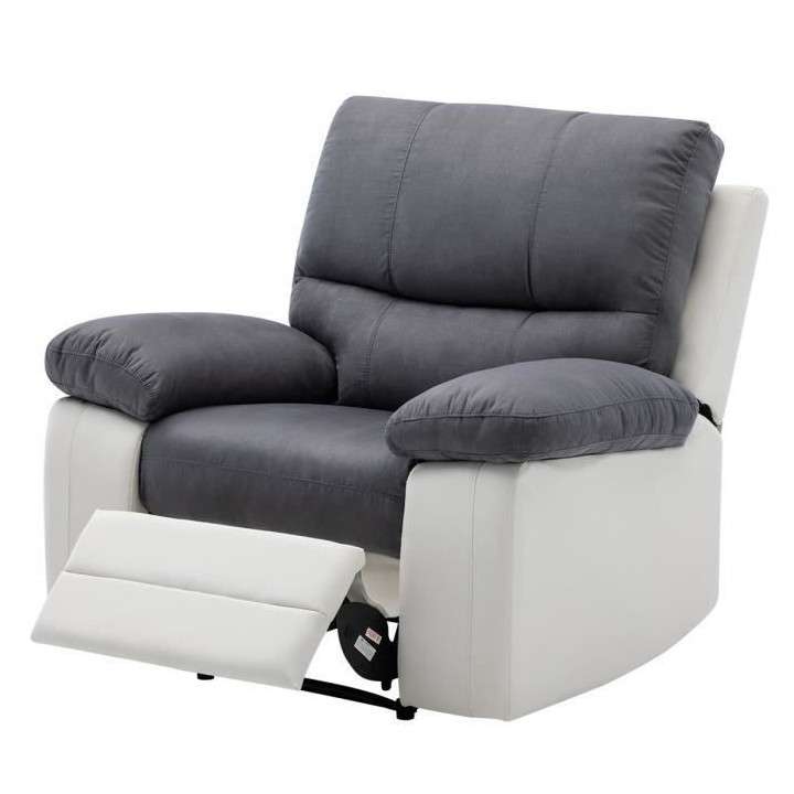 Fauteuil Relax manuel - Tissu gris et Simili blanc - L 109 x P 94/158