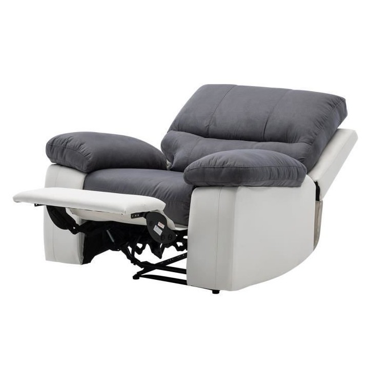 Fauteuil Relax manuel - Tissu gris et Simili blanc - L 109 x P 94/158