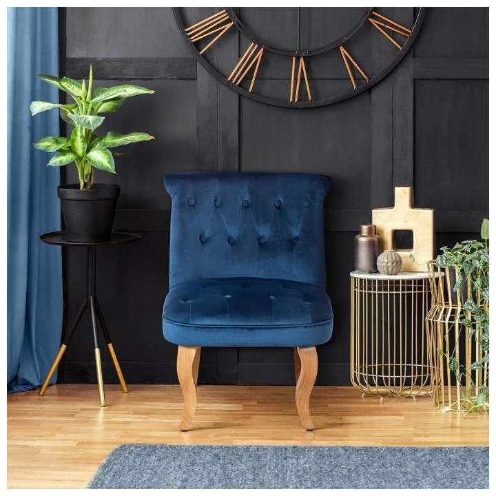JODIE Fauteuil crapaud - Pieds en bois - Velours bleu - L 56 x P 63 x