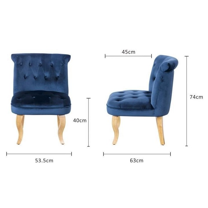 JODIE Fauteuil crapaud - Pieds en bois - Velours bleu - L 56 x P 63 x