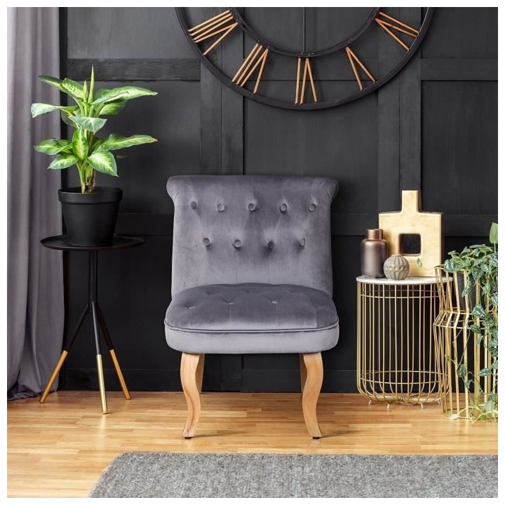 JODIE Fauteuil crapaud - Pieds en bois - Velours gris - L 56 x P 63 x