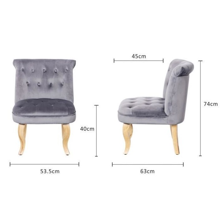 JODIE Fauteuil crapaud - Pieds en bois - Velours gris - L 56 x P 63 x