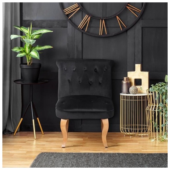 JODIE Fauteuil crapaud - Pieds en bois - Velours noir - L 56 x P 63 x