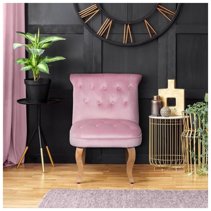 JODIE Fauteuil crapaud - Pieds en bois - Velours rose - L 56 x P 63 x