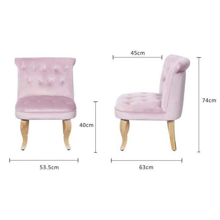 JODIE Fauteuil crapaud - Pieds en bois - Velours rose - L 56 x P 63 x