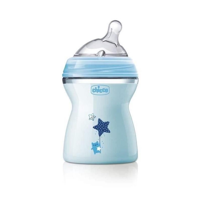 CHICCO Biberon NaturalFeeling 250ml - Tétine inclinée - 1m+ - flux moyen - bleu décoré