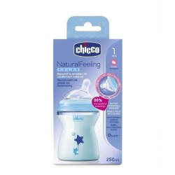 CHICCO Biberon NaturalFeeling 250ml - Tétine inclinée - 1m+ - flux moyen - bleu décoré