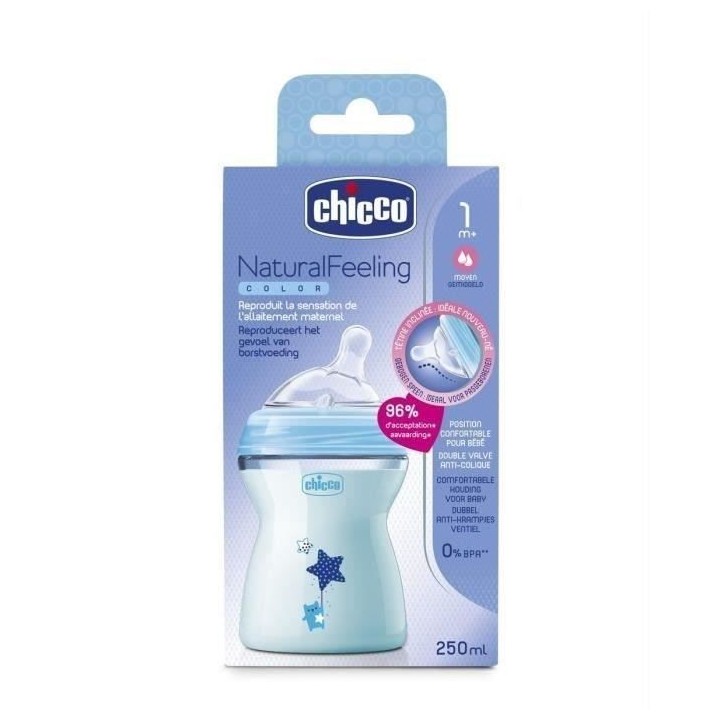 CHICCO Biberon NaturalFeeling 250ml - Tétine inclinée - 1m+ - flux m