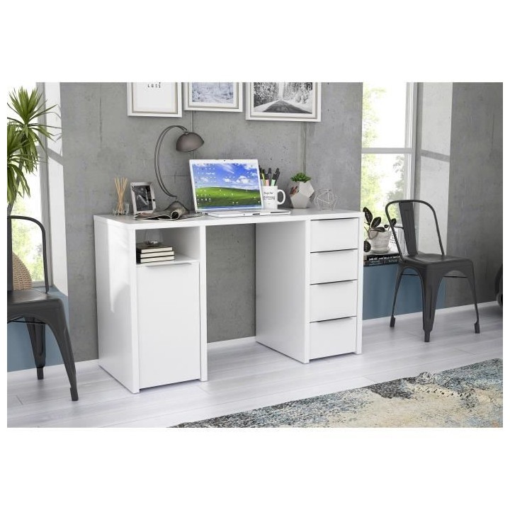BILBAO Bureau 1 porte 4 tiroirs - Décor papier blanc - L 125 x P 50 x