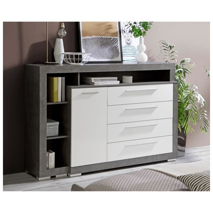 Commode 4 tiroirs 1 porte - Blanc et béton gris foncé - L 161,8 x P