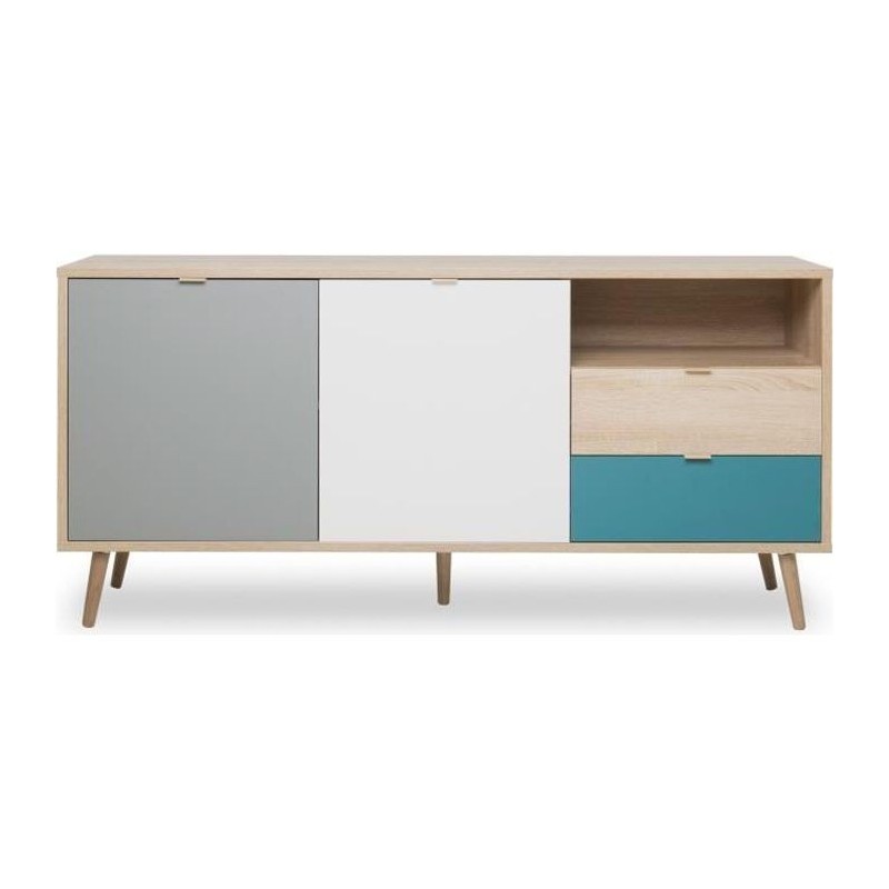 Buffet bas - Chene, gris et bleu pétrole - Scandinave - CUBA - L 150 x P 40 x H 71 cm