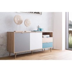 Buffet bas - Chene, gris et bleu pétrole - Scandinave - CUBA - L 150 x P 40 x H 71 cm