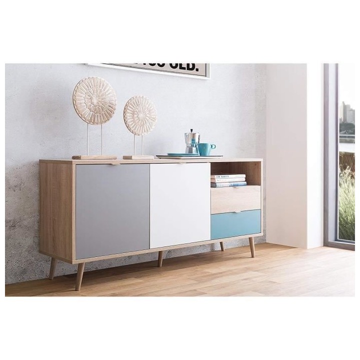 Buffet bas - Chene, gris et bleu pétrole - Scandinave - CUBA - L 150