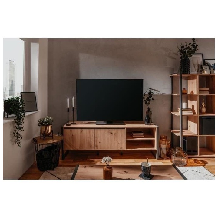 Meuble TV industriel DENVER- Décor chene artisan et anthracite - 2 Po