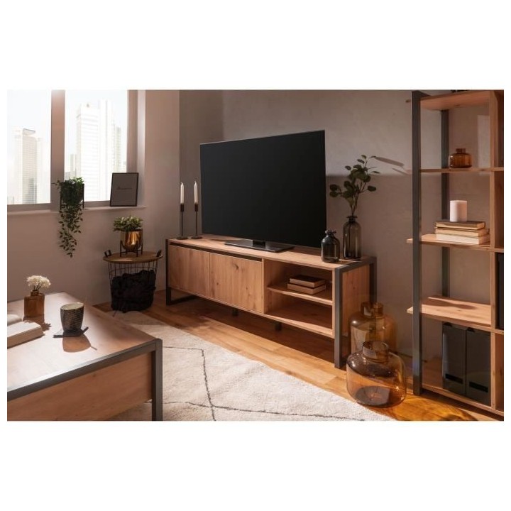 Meuble TV industriel DENVER- Décor chene artisan et anthracite - 2 Po