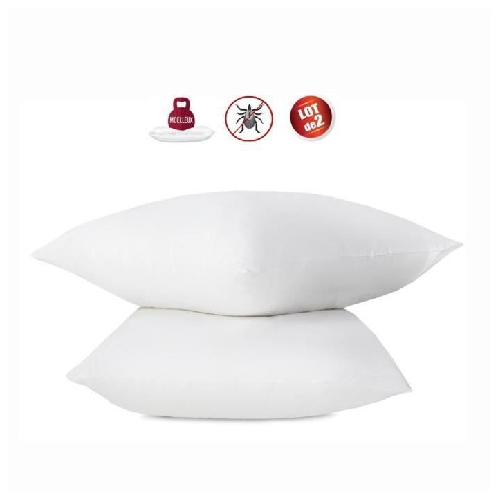 Lot de 2 oreillers anti-acariens - 60 x 60 cm - 100% coton traité Bio