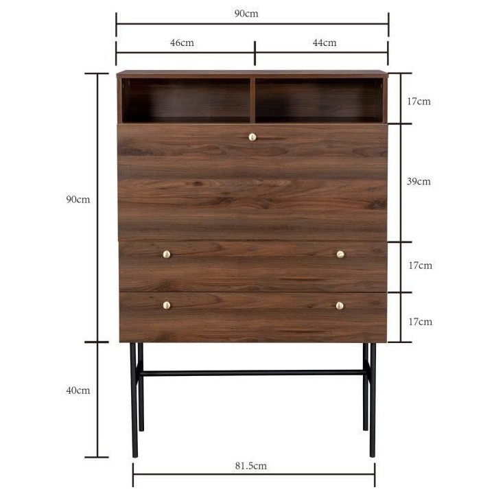 Secrétaire 1 porte battante 2 tiroirs - Bois et métal - L 90 x P 35