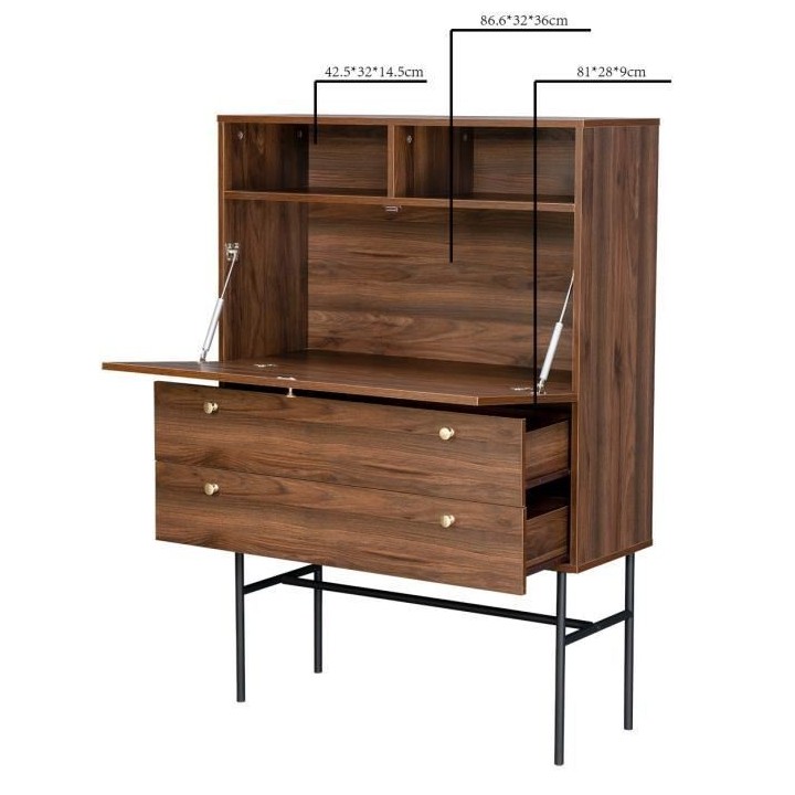 Secrétaire 1 porte battante 2 tiroirs - Bois et métal - L 90 x P 35