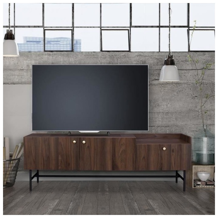 Meuble TV 2 portes 1 tiroir - Bois et métal - L 150 x P 39,5 x H 50 -