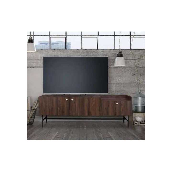 Meuble TV 2 portes 1 tiroir - Bois et métal - L 150 x P 39,5 x H 50 -