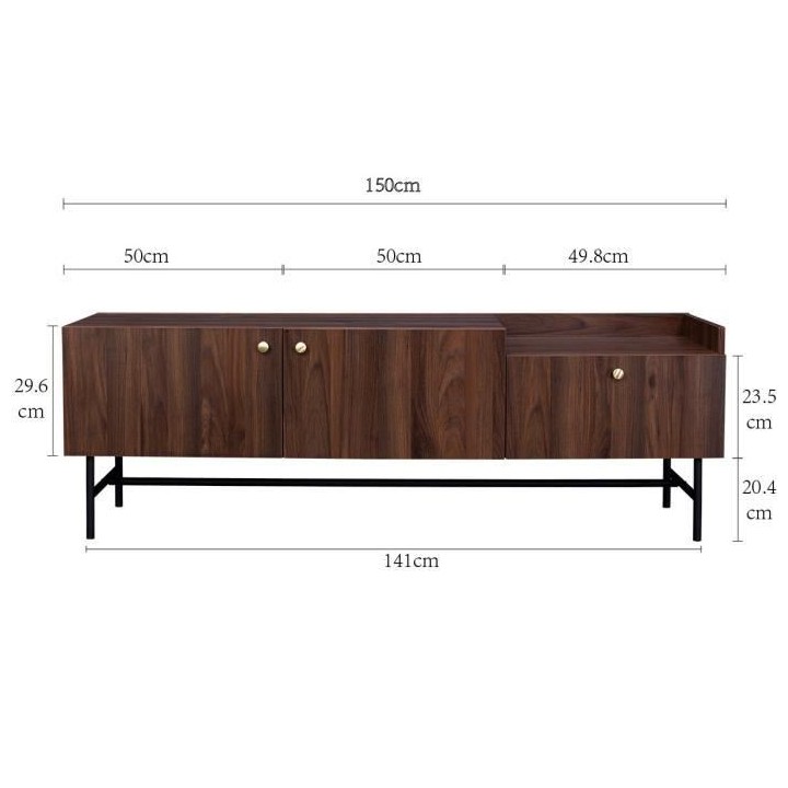 Meuble TV 2 portes 1 tiroir - Bois et métal - L 150 x P 39,5 x H 50 -