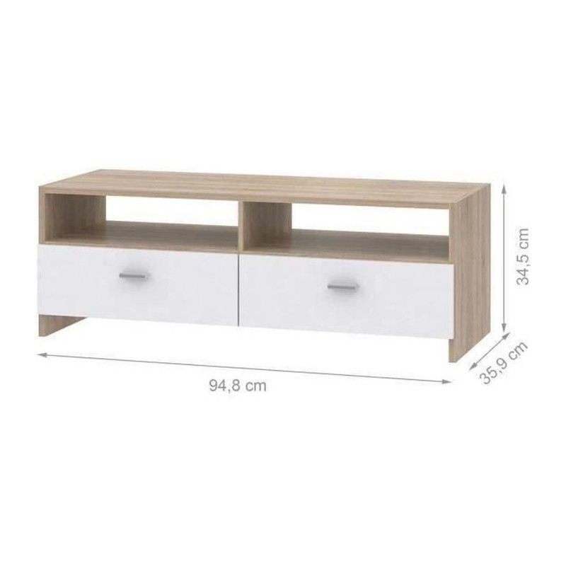 Meuble TV PILVI - Blanc mat et chene - Contemporain - L 95 x P 36 x H 34,5 cm