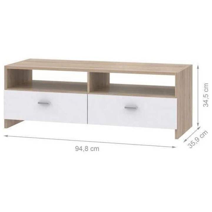 Meuble TV PILVI - Blanc mat et chene - Contemporain - L 95 x P 36 x H