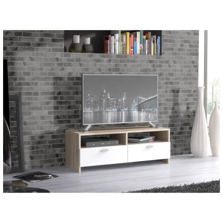 Meuble TV PILVI - Blanc mat et chene - Contemporain - L 95 x P 36 x H