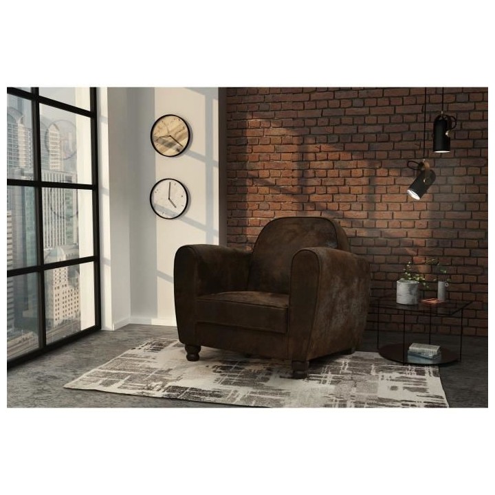 Fauteuil club IKAINEN - Tissu Marron - Vintage - L 89 x P 81 x H 75 cm