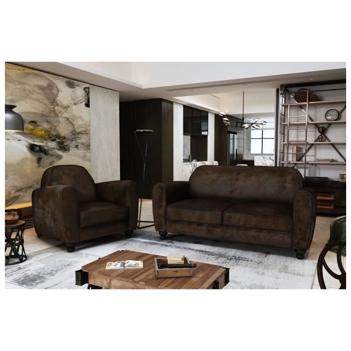 Fauteuil club IKAINEN - Tissu Marron - Vintage - L 89 x P 81 x H 75 cm