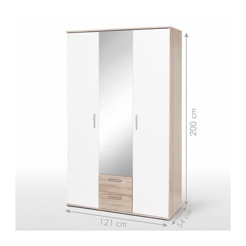 Armoire battante - Panneaux de particules - Blanc et chene - 3 portes et 2 tiroirs + miroir - L 121 x P 54 x H 200,1 cm - SELKEA