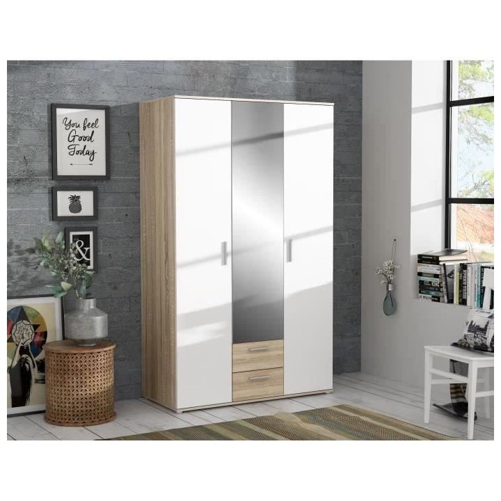 Armoire battante - Panneaux de particules - Blanc et chene - 3 portes