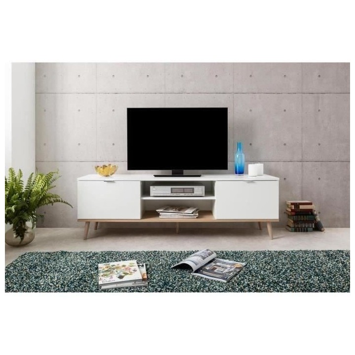 Meuble TV scandinave GÖTEBORG - Blanc - 2 Portes - L 160 x P 40 x H 5