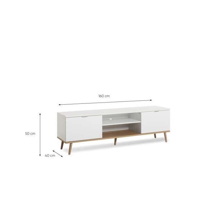 Meuble TV scandinave GÖTEBORG - Blanc - 2 Portes - L 160 x P 40 x H 5